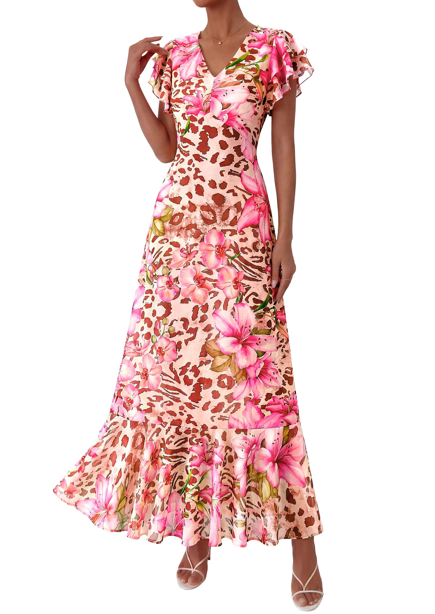 PRETTYGARDEN Wedding Guest Dresses for Women 2026 Spring Summer Short Sleeve Ruffle V Neck Floral Flowy Beach Maxi Long Dress PRETTYGARDEN