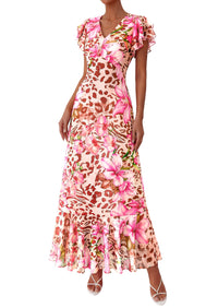 PRETTYGARDEN Wedding Guest Dresses for Women 2026 Spring Summer Short Sleeve Ruffle V Neck Floral Flowy Beach Maxi Long Dress PRETTYGARDEN