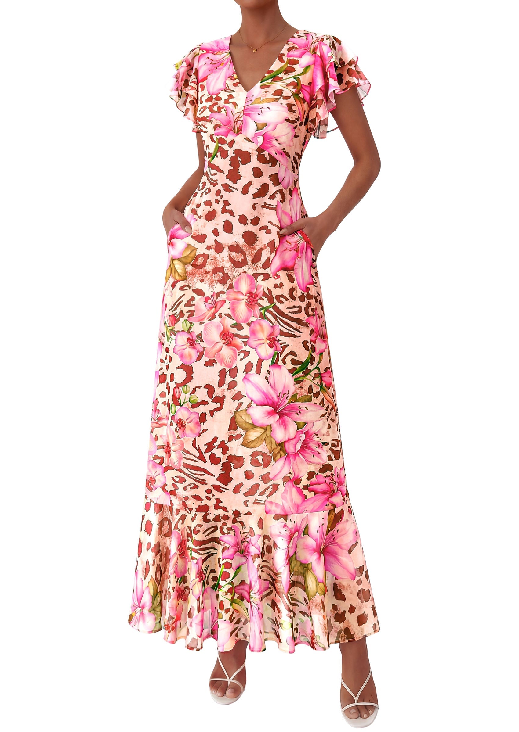 PRETTYGARDEN Wedding Guest Dresses for Women 2026 Spring Summer Short Sleeve Ruffle V Neck Floral Flowy Beach Maxi Long Dress PRETTYGARDEN