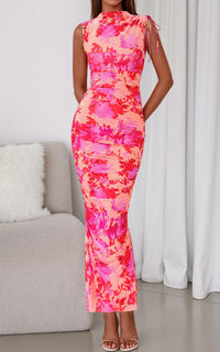 PRETTYGARDEN Women's Summer Maxi Floral Dresses Ruched Bodycon Sleeveless Mesh Formal Wedding Guest Cocktail Split Long Dress PRETTYGARDEN