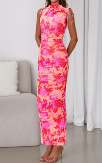 PRETTYGARDEN Women's Summer Maxi Floral Dresses Ruched Bodycon Sleeveless Mesh Formal Wedding Guest Cocktail Split Long Dress PRETTYGARDEN