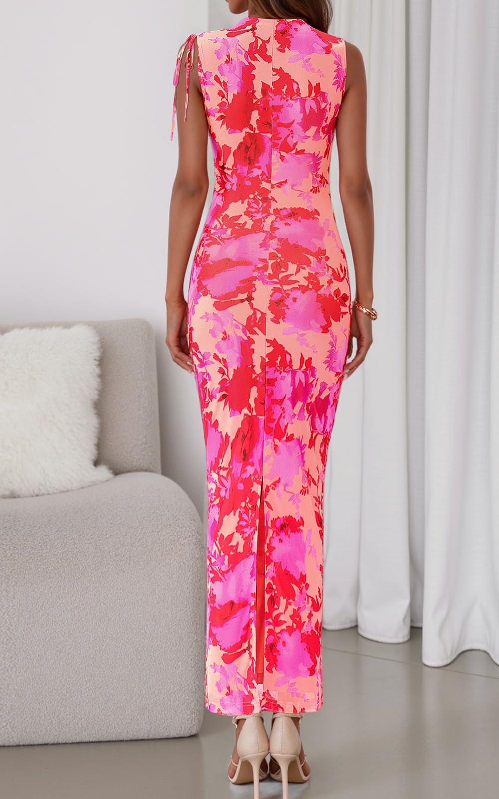 PRETTYGARDEN Women's Summer Maxi Floral Dresses Ruched Bodycon Sleeveless Mesh Formal Wedding Guest Cocktail Split Long Dress PRETTYGARDEN