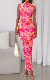 PRETTYGARDEN Women's Summer Maxi Floral Dresses Ruched Bodycon Sleeveless Mesh Formal Wedding Guest Cocktail Split Long Dress PRETTYGARDEN