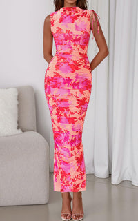 PRETTYGARDEN Women's Summer Maxi Floral Dresses Ruched Bodycon Sleeveless Mesh Formal Wedding Guest Cocktail Split Long Dress PRETTYGARDEN