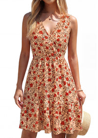 PRETTYGARDEN Sundresses for Women Summer Boho Sleeveless Wrap V Neck Floral Mini Dress Beach Vacation Short Dresses