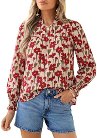 PRETTYGARDEN Women's Boho Floral Blouses Dressy Casual | Trendy Printed, Long Sleeve V Neck Tops, Bohemian Polka Dot Striped Shirt, Going Out Vacation Outfits, Fall Fashion Clothing