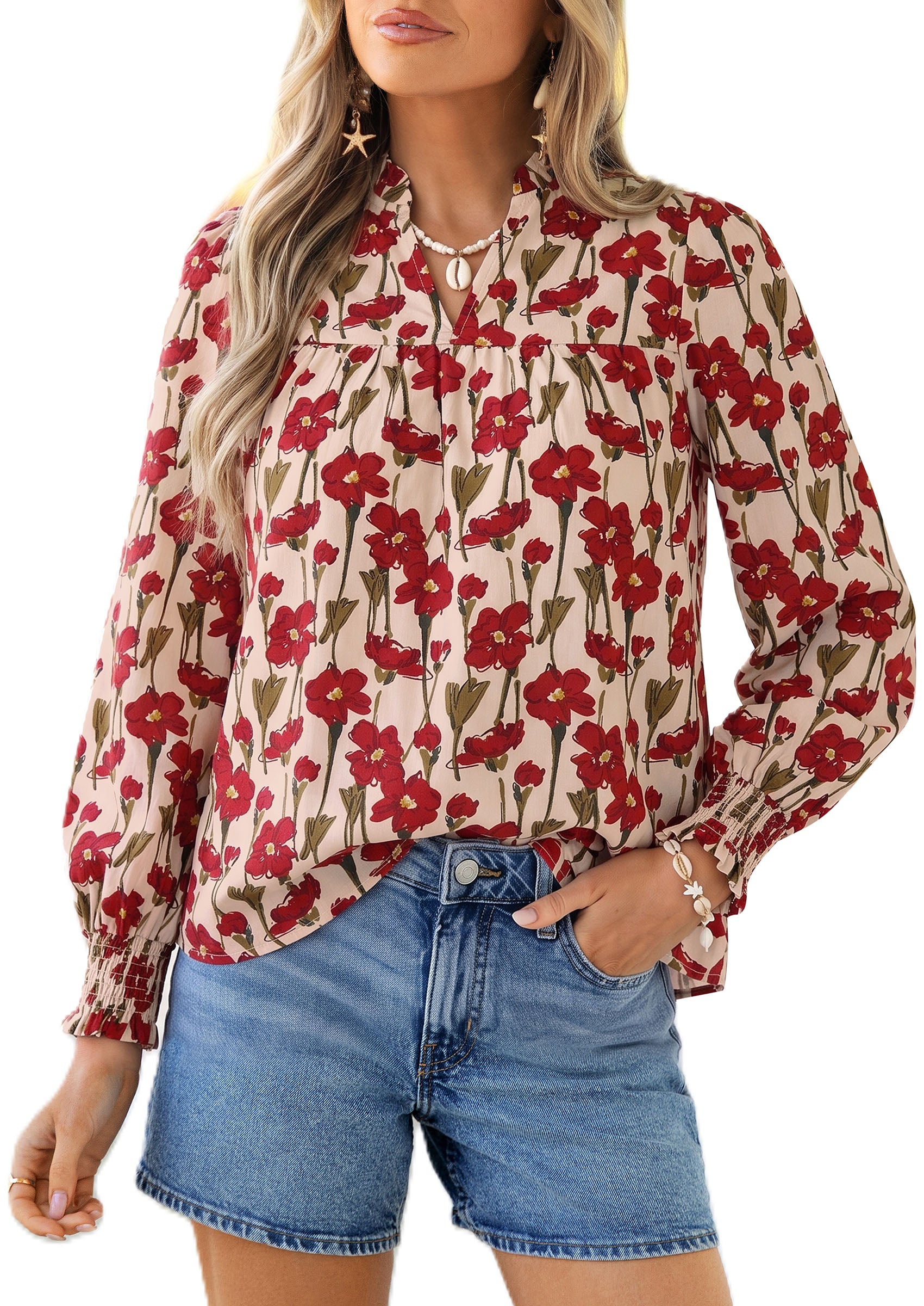 PRETTYGARDEN Women's Boho Floral Blouses Dressy Casual | Trendy Printed, Long Sleeve V Neck Tops, Bohemian Polka Dot Striped Shirt, Going Out Vacation Outfits, Fall Fashion Clothing