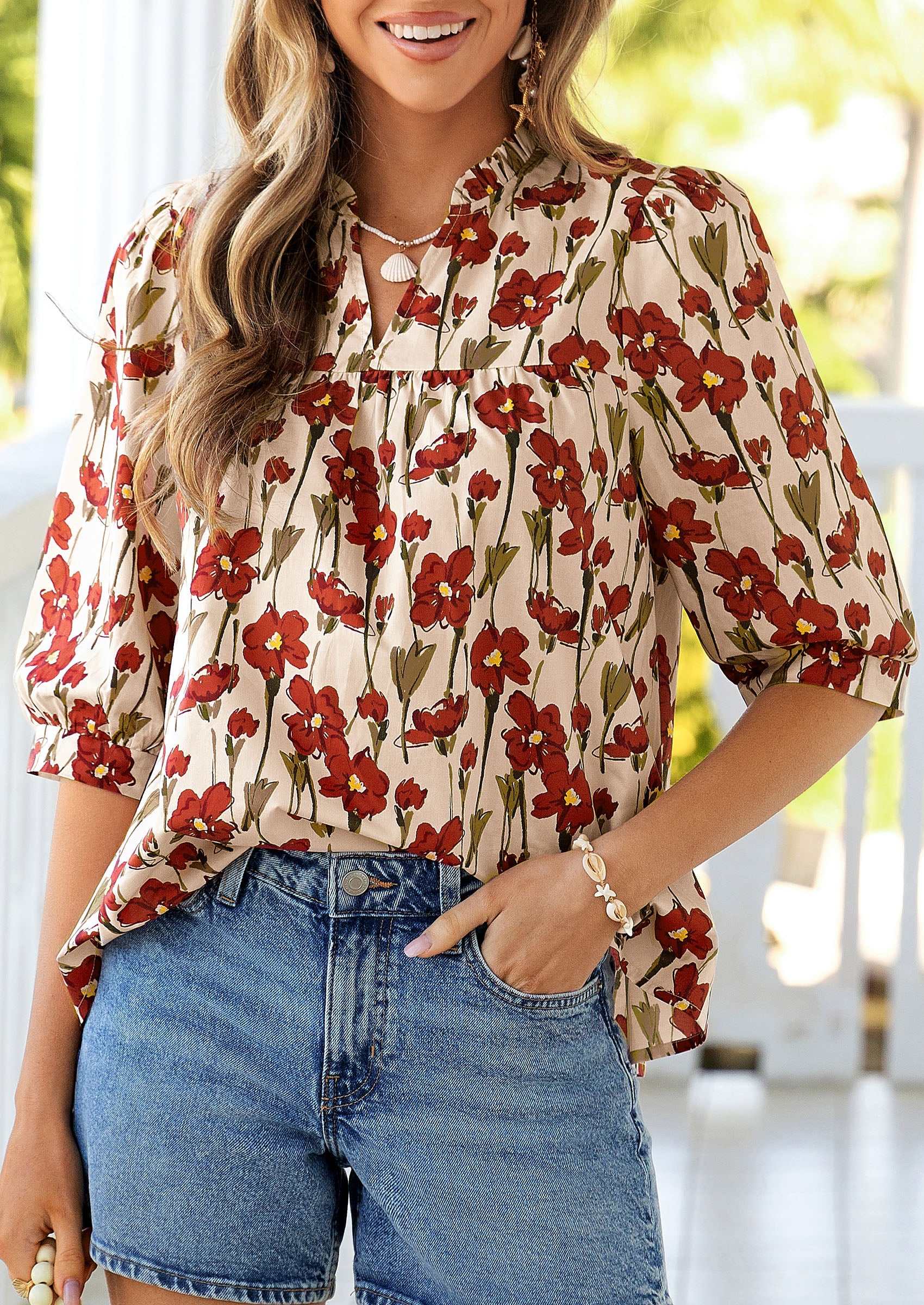 PRETTYGARDEN Women's Summer Floral Blouses Dressy Casual Half Sleeve V Neck Going Out Boho Tops Spring Fashion Clothing