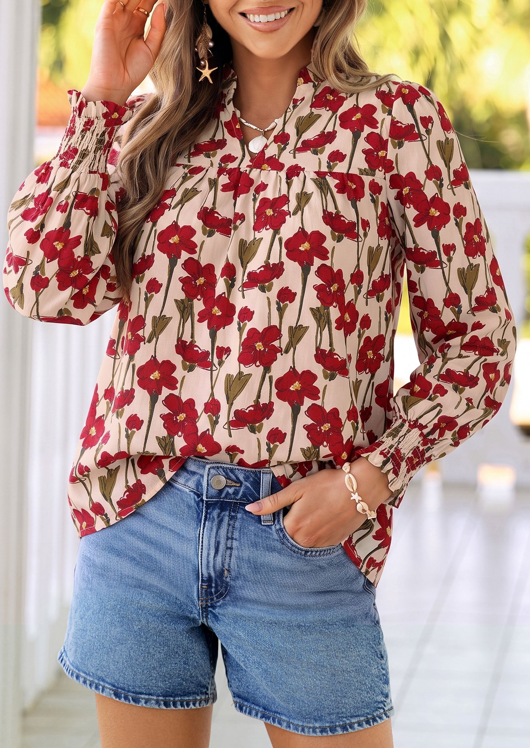PRETTYGARDEN Women's Boho Floral Blouses Dressy Casual | Trendy Printed, Long Sleeve V Neck Tops, Bohemian Polka Dot Striped Shirt, Going Out Vacation Outfits, Fall Fashion Clothing