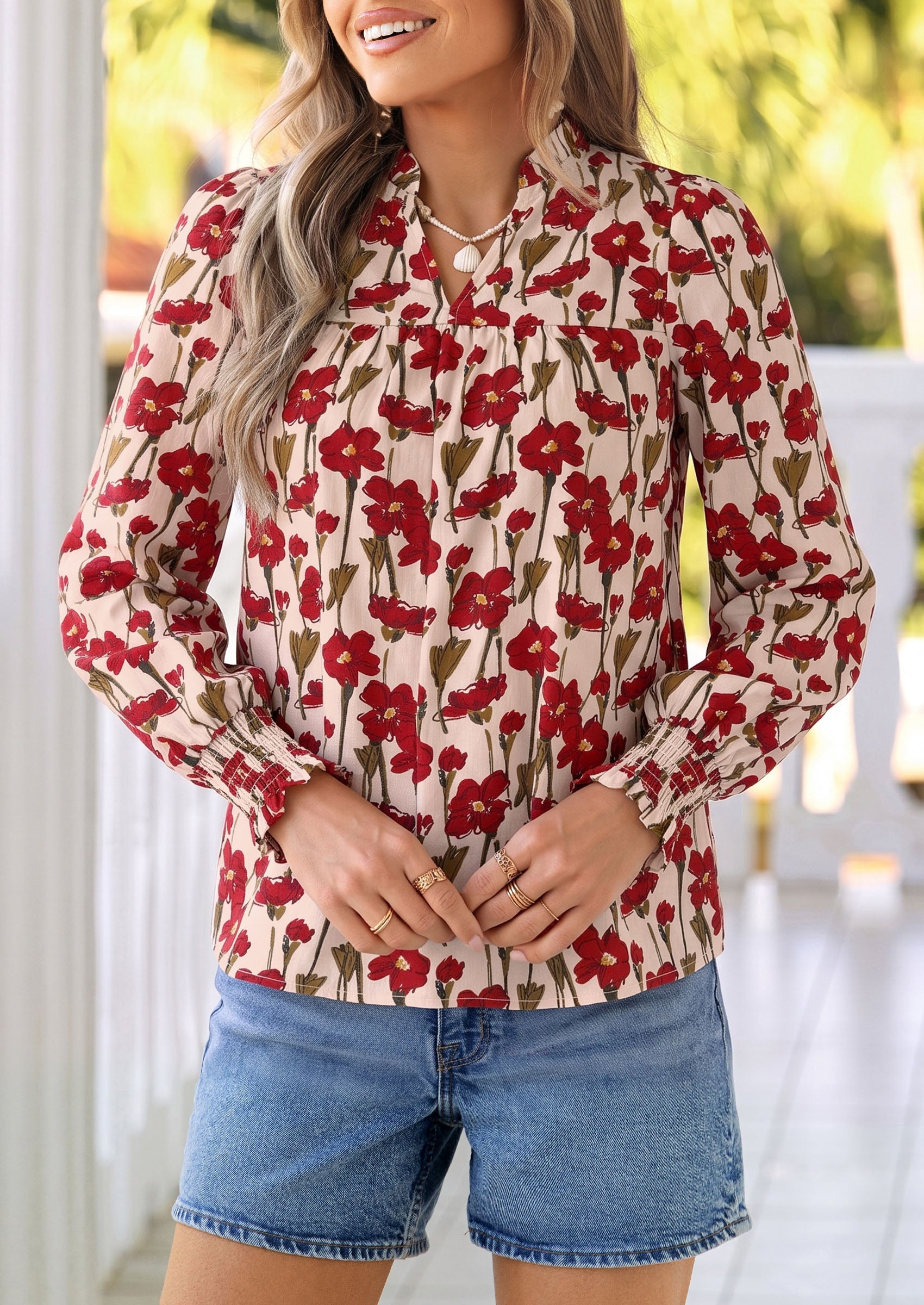 PRETTYGARDEN Women's Boho Floral Blouses Dressy Casual | Trendy Printed, Long Sleeve V Neck Tops, Bohemian Polka Dot Striped Shirt, Going Out Vacation Outfits, Fall Fashion Clothing