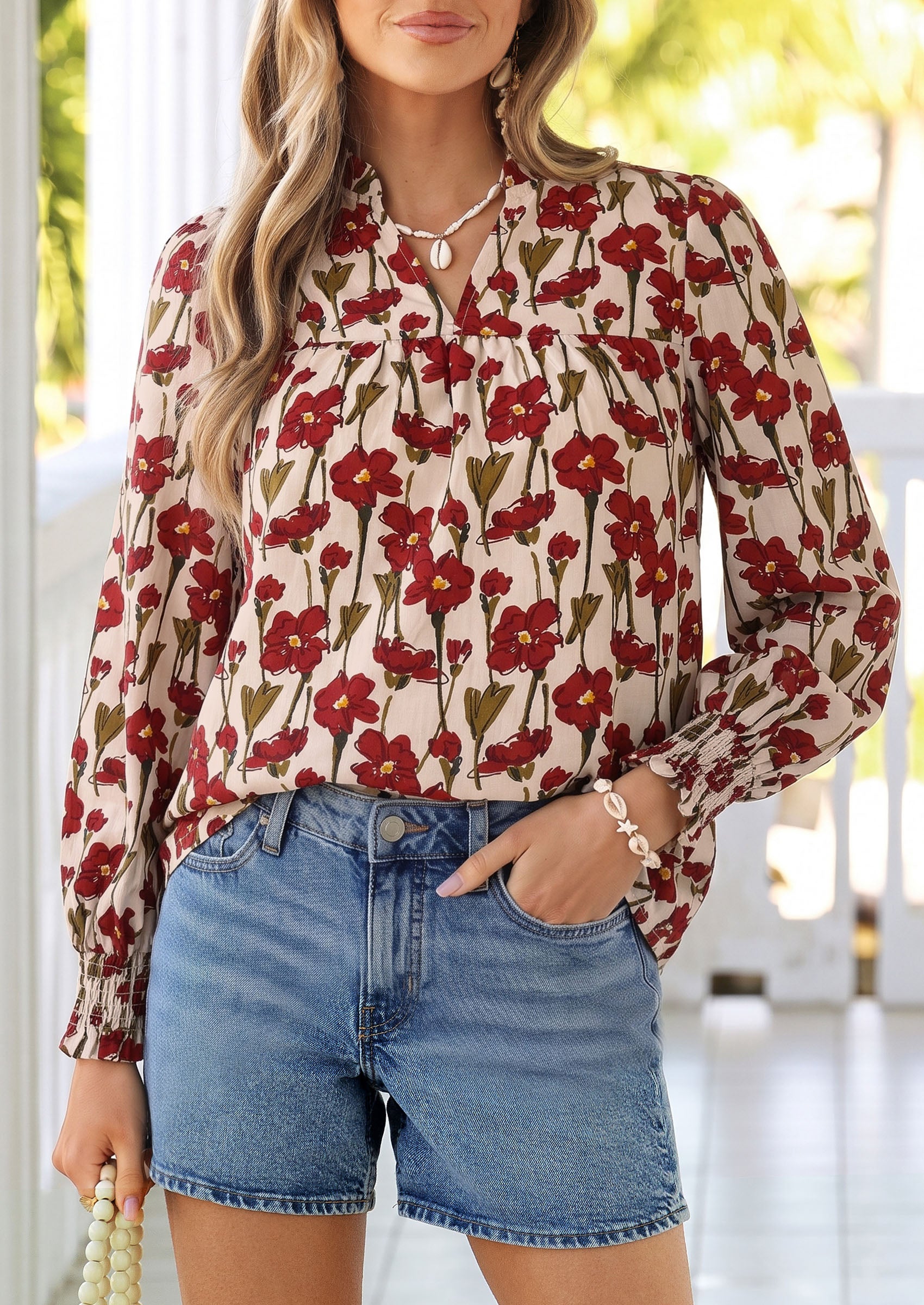 PRETTYGARDEN Women's Boho Floral Blouses Dressy Casual | Trendy Printed, Long Sleeve V Neck Tops, Bohemian Polka Dot Striped Shirt, Going Out Vacation Outfits, Fall Fashion Clothing