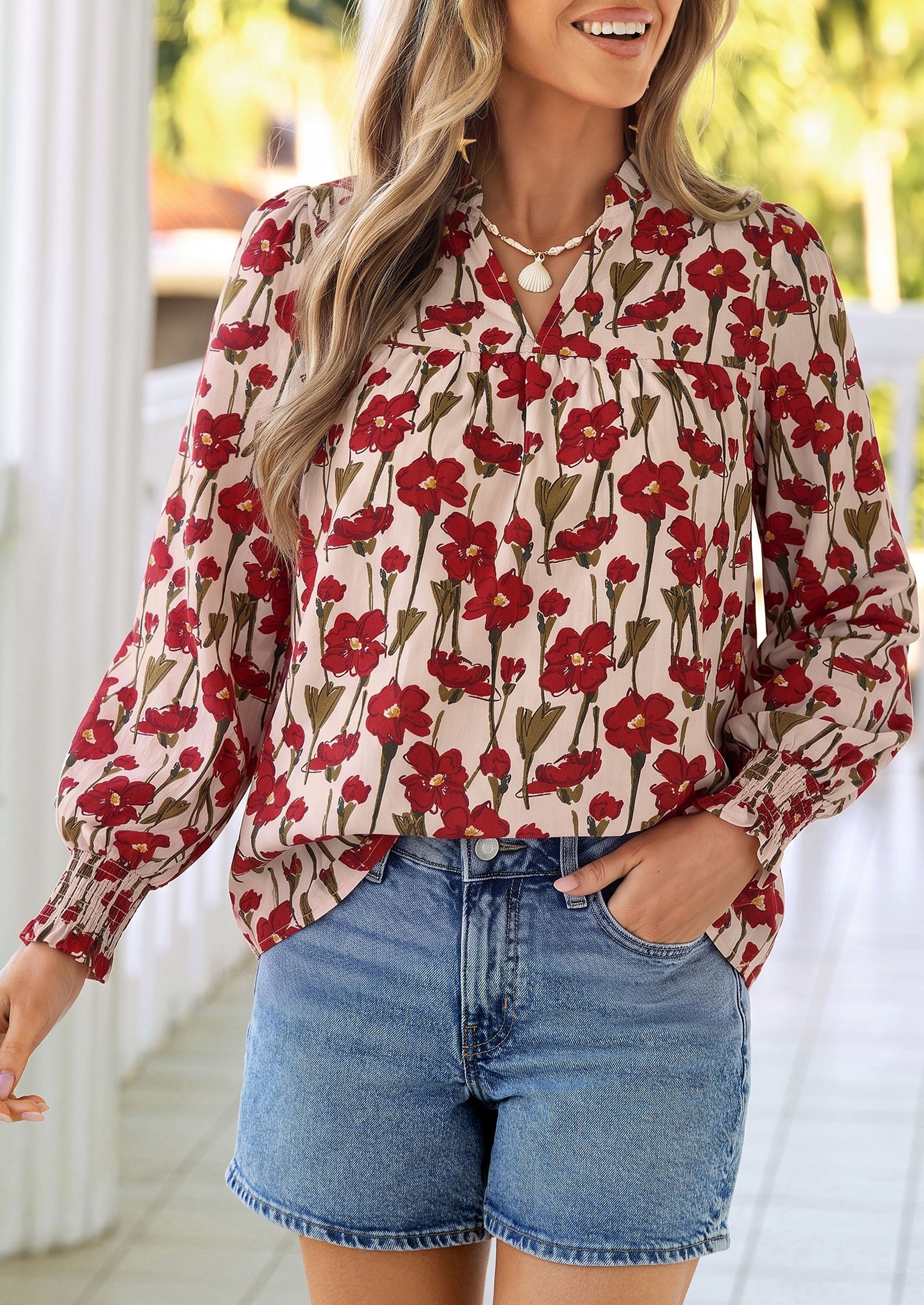 PRETTYGARDEN Women's Boho Floral Blouses Dressy Casual | Trendy Printed, Long Sleeve V Neck Tops, Bohemian Polka Dot Striped Shirt, Going Out Vacation Outfits, Fall Fashion Clothing