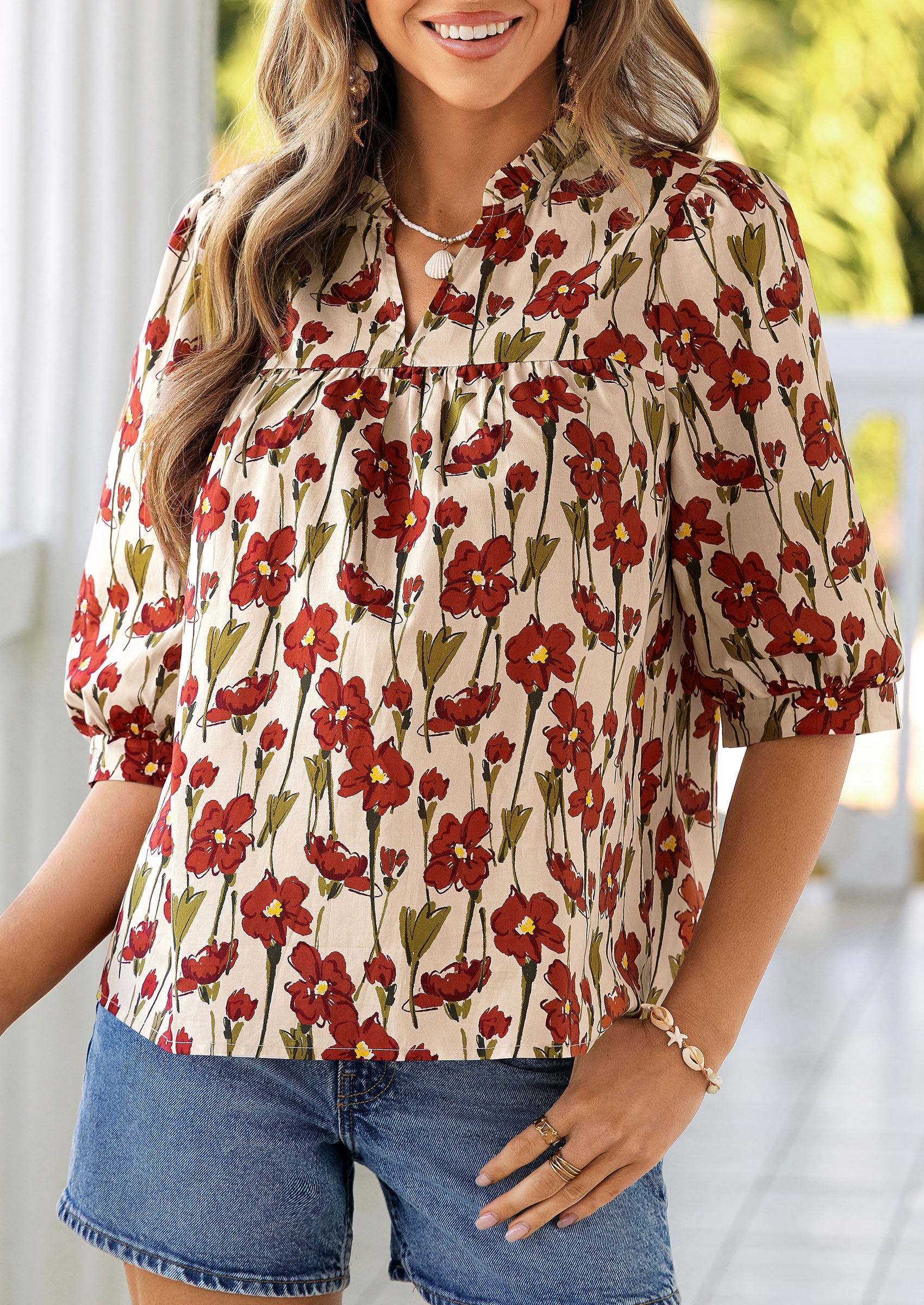 PRETTYGARDEN Women's Summer Floral Blouses Dressy Casual Half Sleeve V Neck Going Out Boho Tops Spring Fashion Clothing