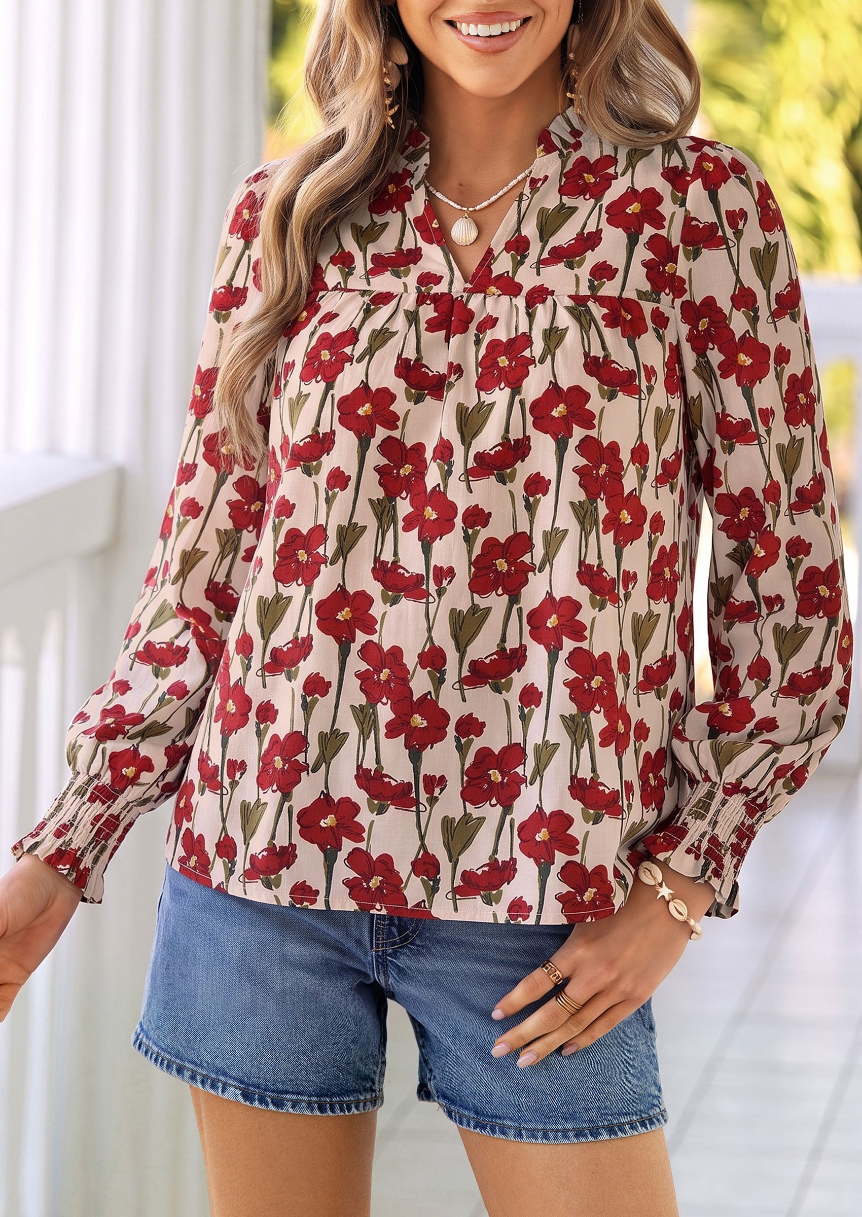 PRETTYGARDEN Women's Boho Floral Blouses Dressy Casual | Trendy Printed, Long Sleeve V Neck Tops, Bohemian Polka Dot Striped Shirt, Going Out Vacation Outfits, Fall Fashion Clothing