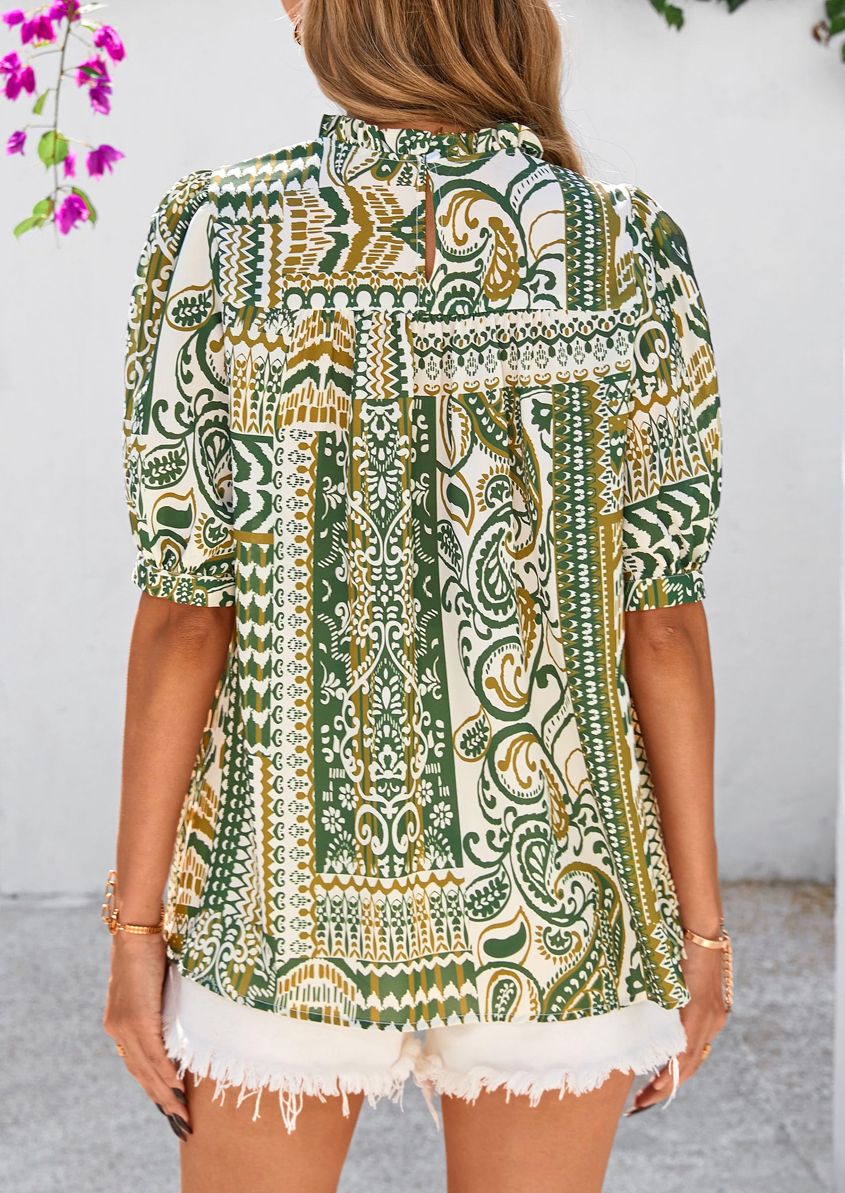 PRETTYGARDEN Floral Tops for Women Blouses Dressy Casual Summer Trendy Outfits Boho Pleated Short Sleeve Shirts