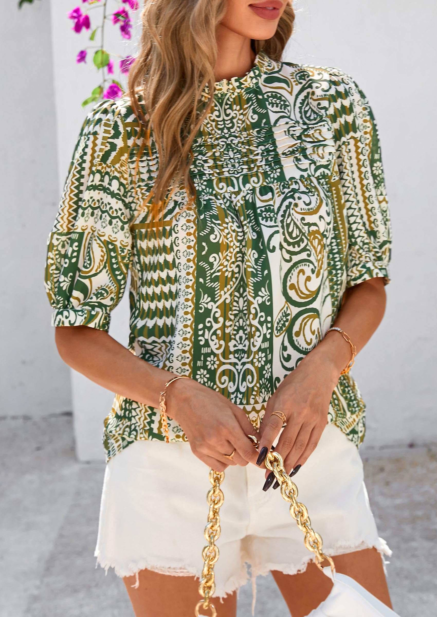 PRETTYGARDEN Floral Tops for Women Blouses Dressy Casual Summer Trendy Outfits Boho Pleated Short Sleeve Shirts