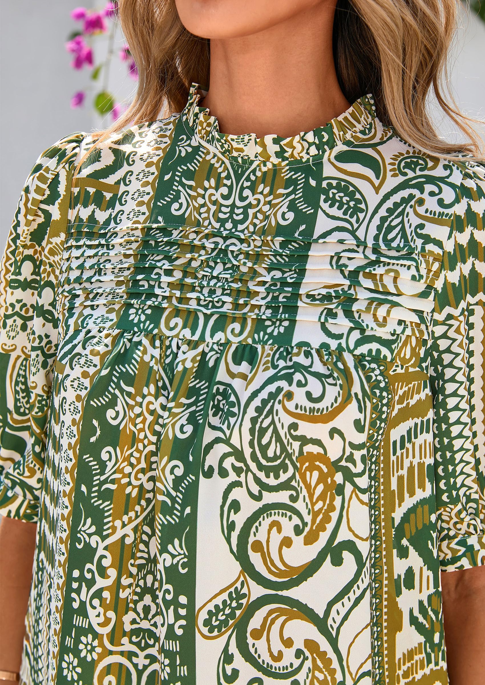 PRETTYGARDEN Floral Tops for Women Blouses Dressy Casual Summer Trendy Outfits Boho Pleated Short Sleeve Shirts