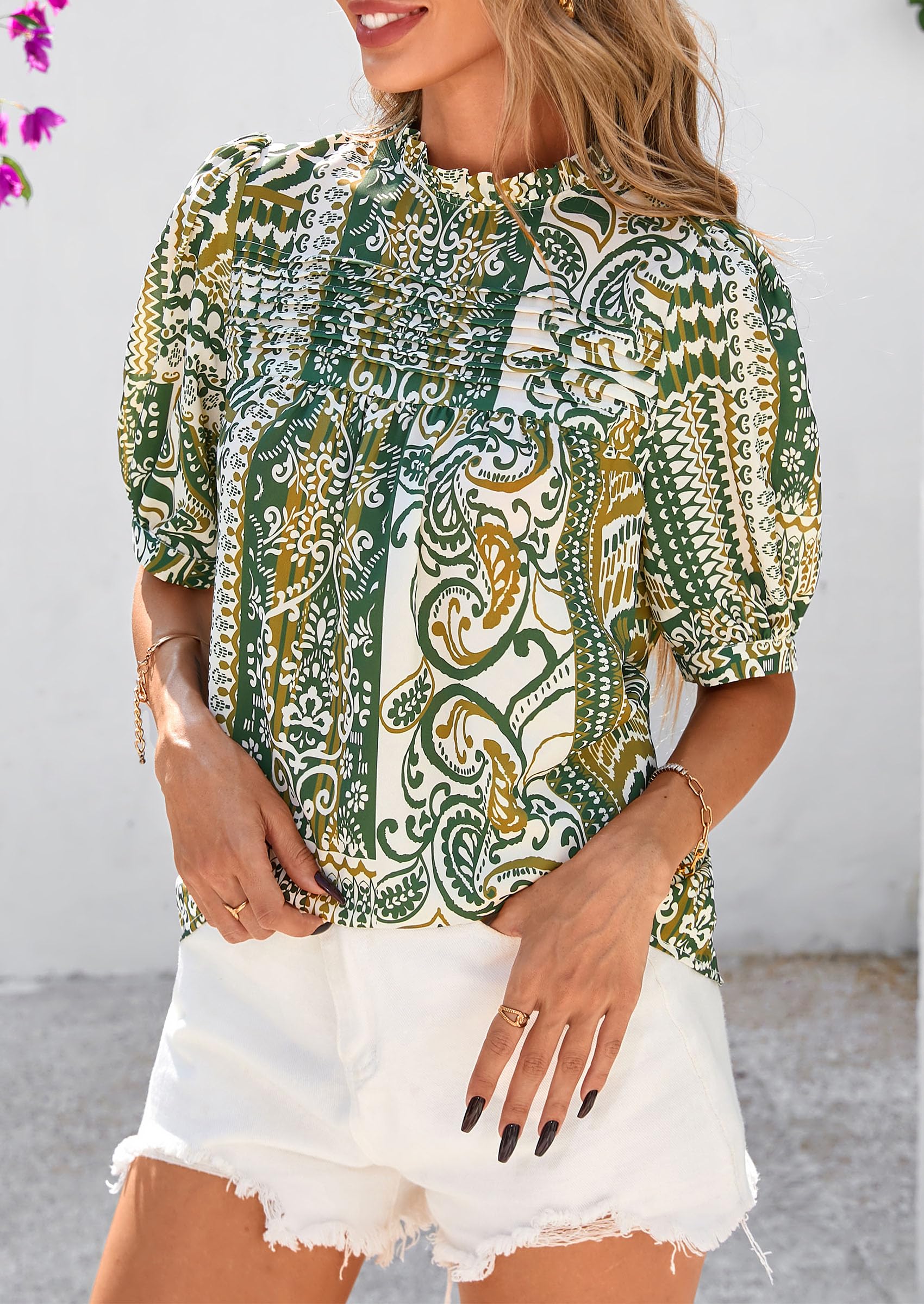 PRETTYGARDEN Floral Tops for Women Blouses Dressy Casual Summer Trendy Outfits Boho Pleated Short Sleeve Shirts