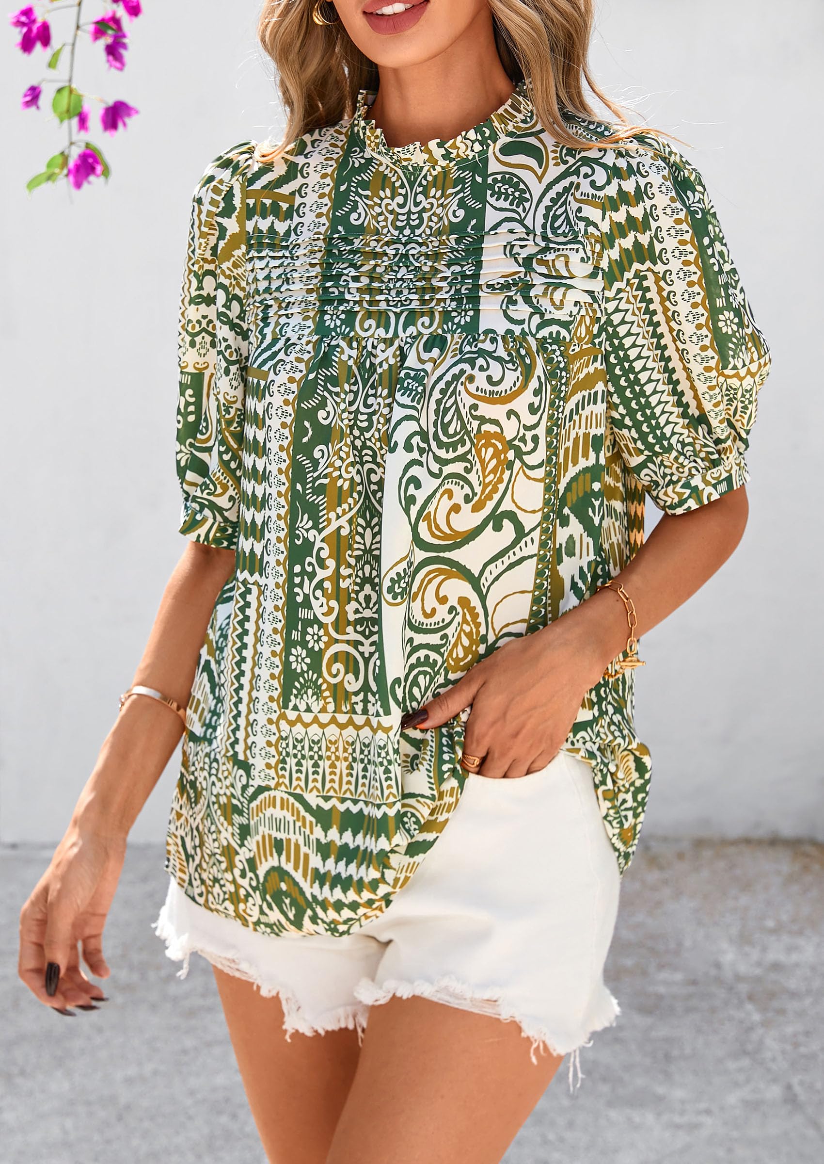 PRETTYGARDEN Floral Tops for Women Blouses Dressy Casual Summer Trendy Outfits Boho Pleated Short Sleeve Shirts