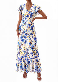 PRETTYGARDEN Wedding Guest Dresses for Women 2026 Spring Summer Short Sleeve Ruffle V Neck Floral Flowy Beach Maxi Long Dress PRETTYGARDEN