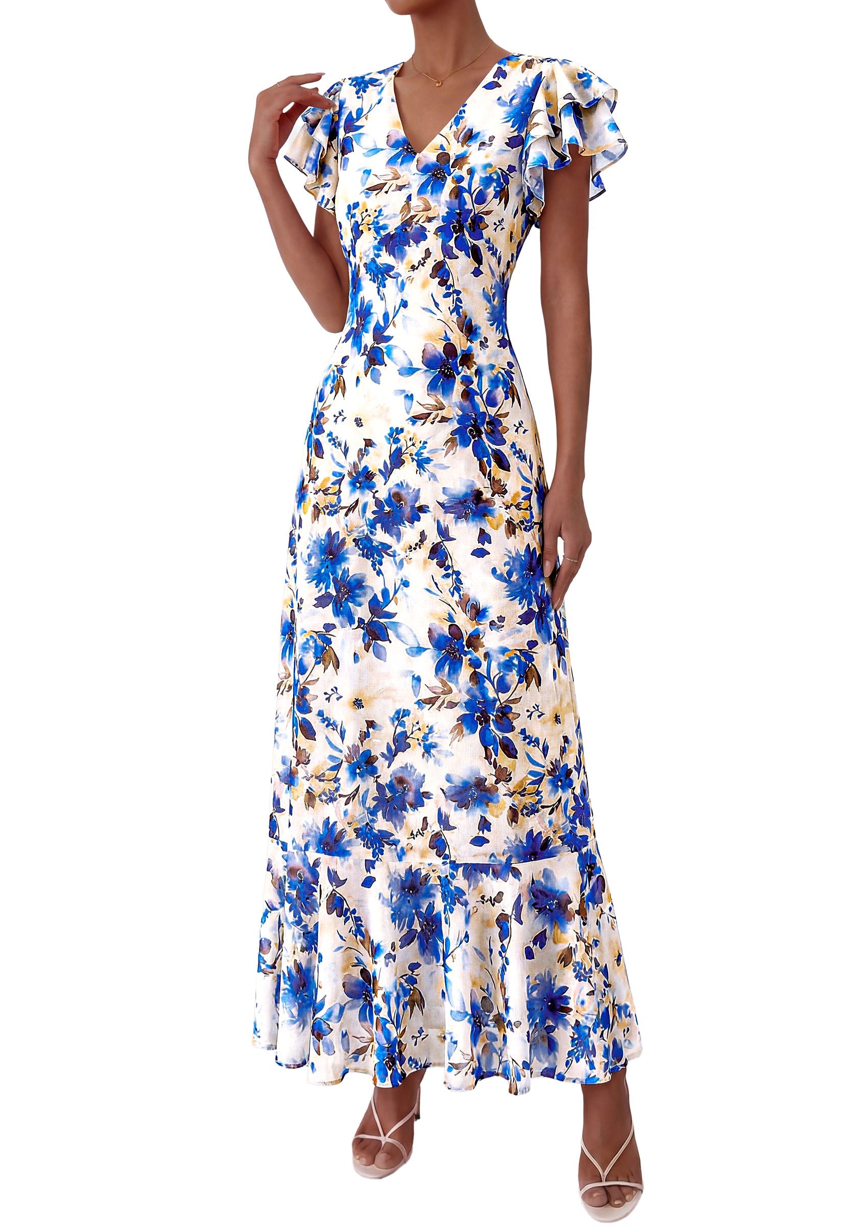 PRETTYGARDEN Wedding Guest Dresses for Women 2026 Spring Summer Short Sleeve Ruffle V Neck Floral Flowy Beach Maxi Long Dress PRETTYGARDEN