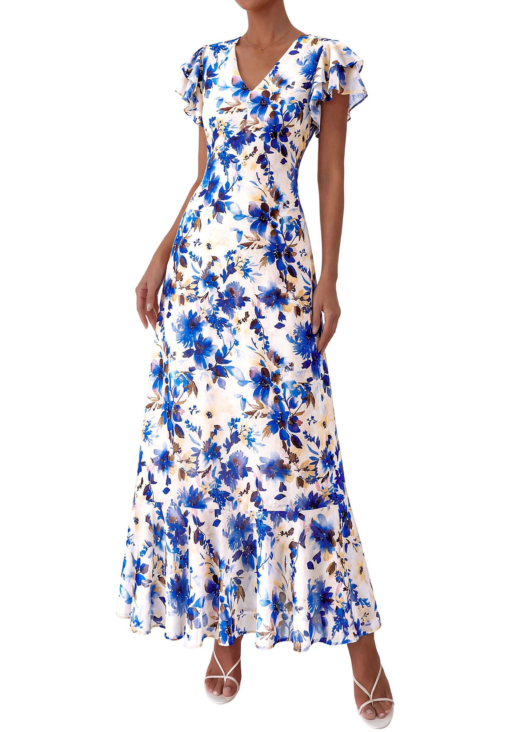 PRETTYGARDEN Wedding Guest Dresses for Women 2026 Spring Summer Short Sleeve Ruffle V Neck Floral Flowy Beach Maxi Long Dress PRETTYGARDEN