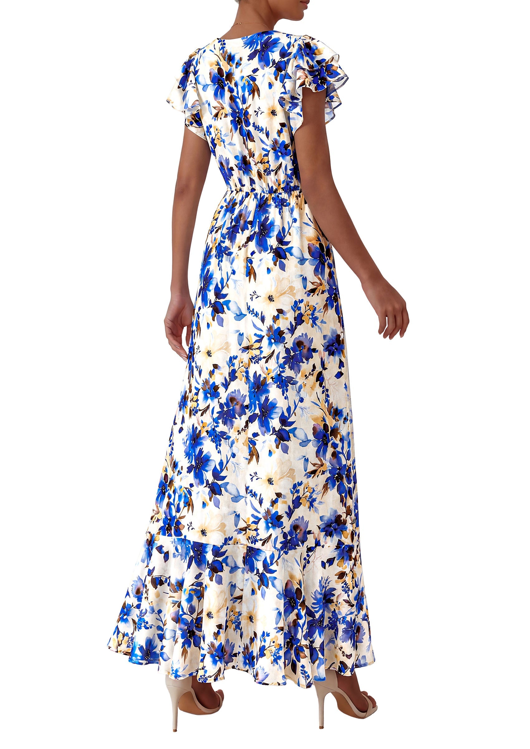 PRETTYGARDEN Wedding Guest Dresses for Women 2026 Spring Summer Short Sleeve Ruffle V Neck Floral Flowy Beach Maxi Long Dress PRETTYGARDEN