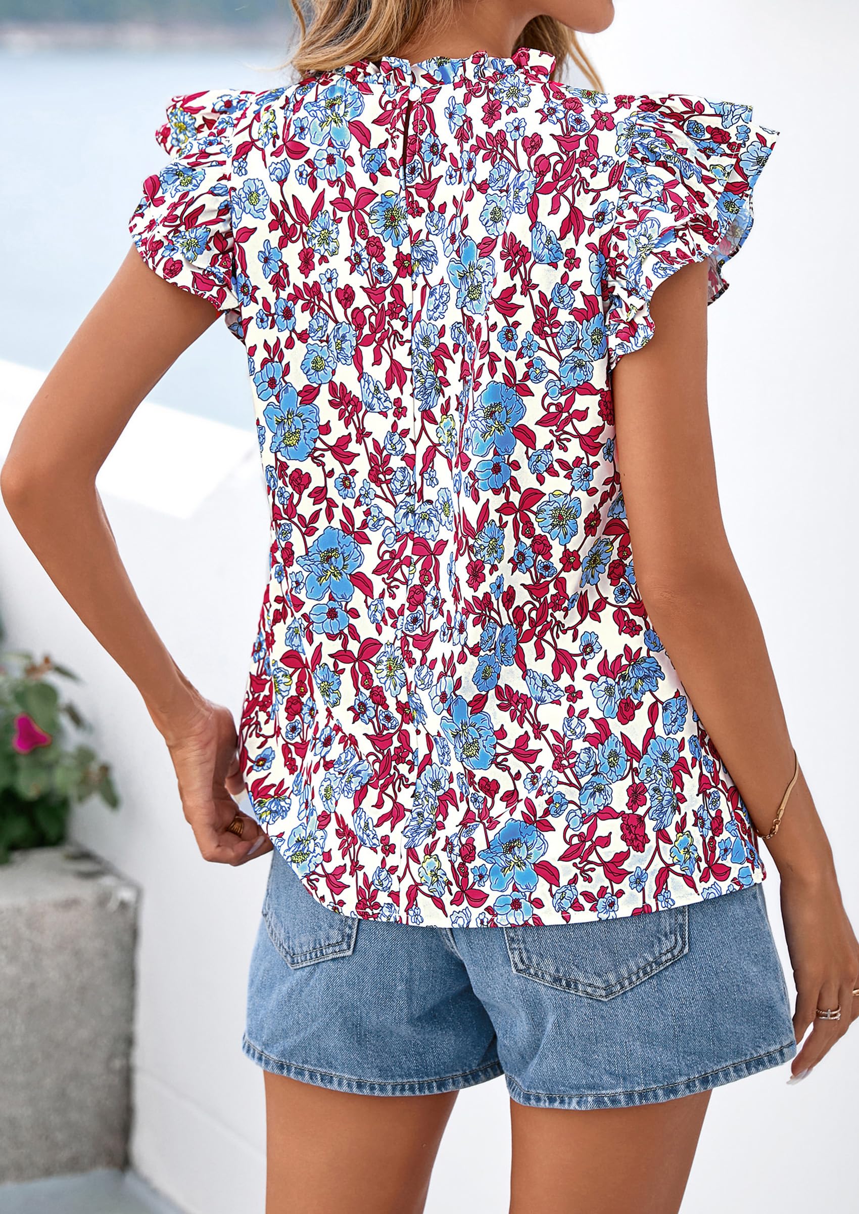 PRETTYGARDEN Women's Ruffle Short Sleeve Summer Tops Trendy Floral Trim Neck Casual Dressy Chiffon Boho Blouses Shirts PRETTYGARDEN