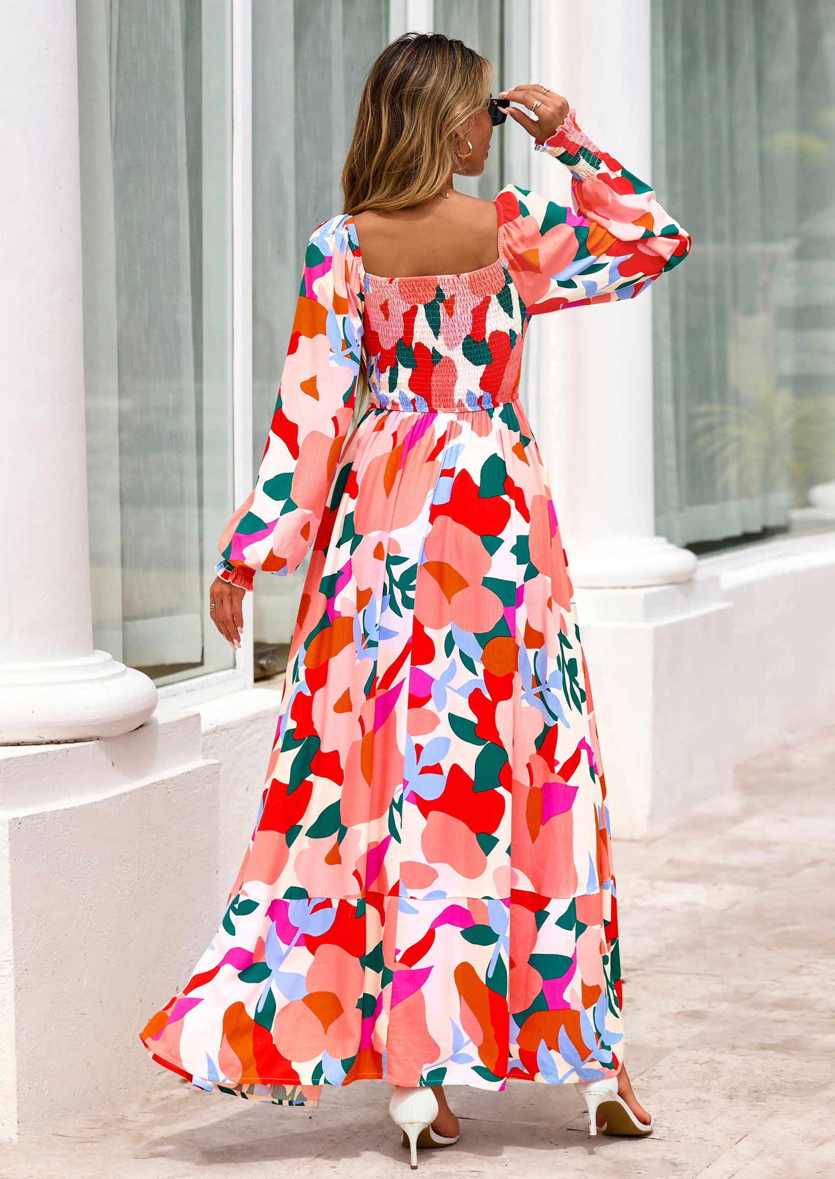PRETTYGARDEN Women Floral Maxi Dresses Spring Long Sleeve Square Neck Boho A Line Wedding Guest Casual Flowy Long Dress