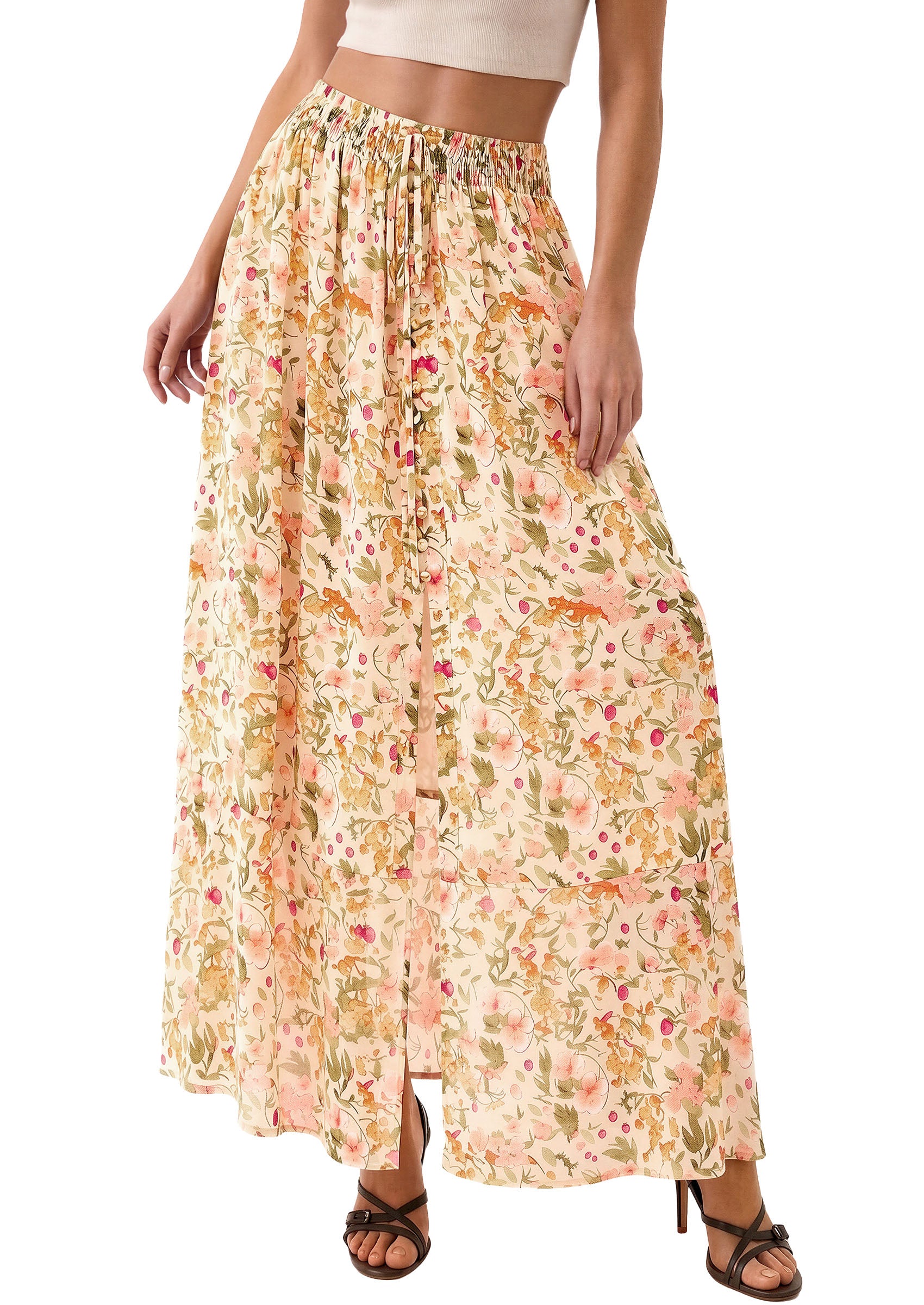 PRETTYGARDEN 2026 Summer Maxi Long Skirts for Women Trendy Boho Floral High Waisted Slit Flowy Travel Beach Vacation Clothes