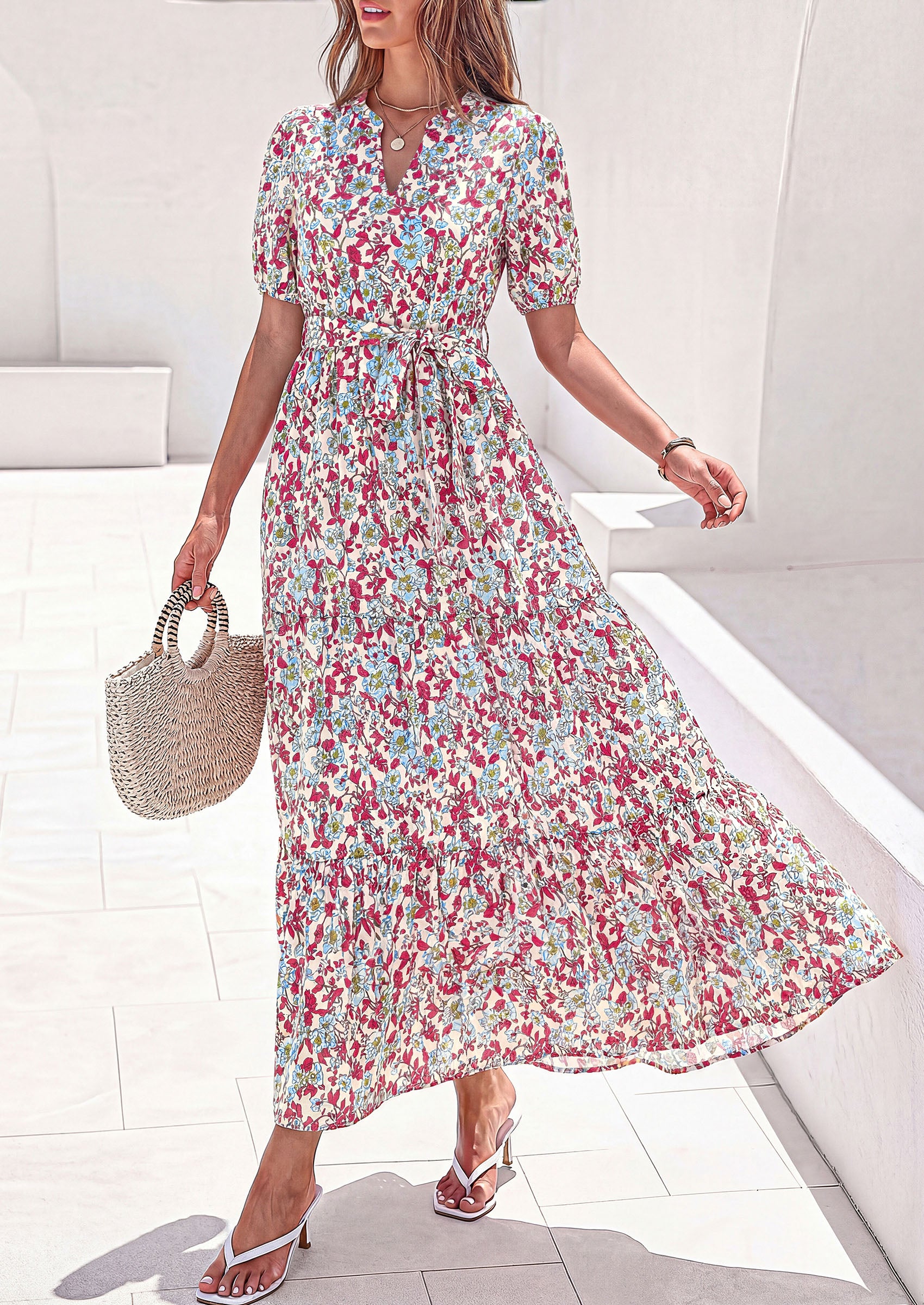 PRETTYGARDEN Women's Summer Maxi Dresses Boho Floral Short Sleeve V Neck Casual Wedding Guest 2026 Beach Vacation Outfits