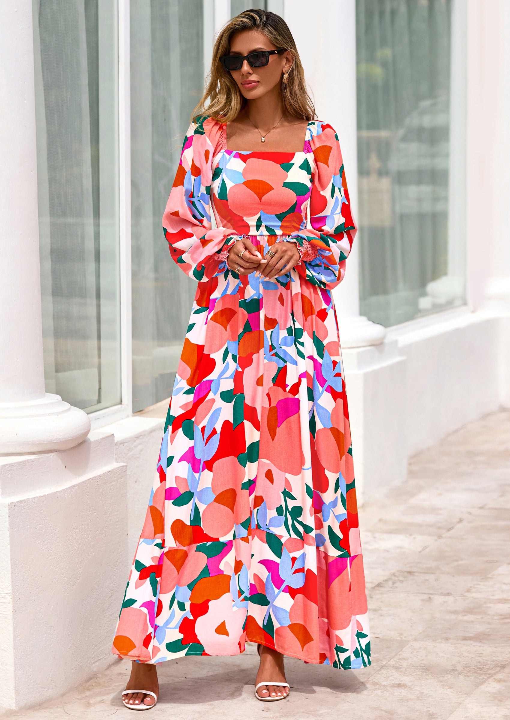 PRETTYGARDEN Women Floral Maxi Dresses Spring Long Sleeve Square Neck Boho A Line Wedding Guest Casual Flowy Long Dress