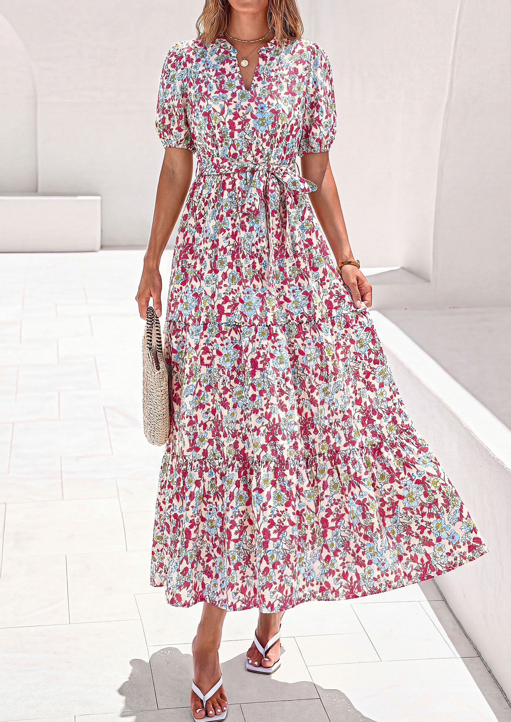 PRETTYGARDEN Women's Summer Maxi Dresses Boho Floral Short Sleeve V Neck Casual Wedding Guest 2026 Beach Vacation Outfits