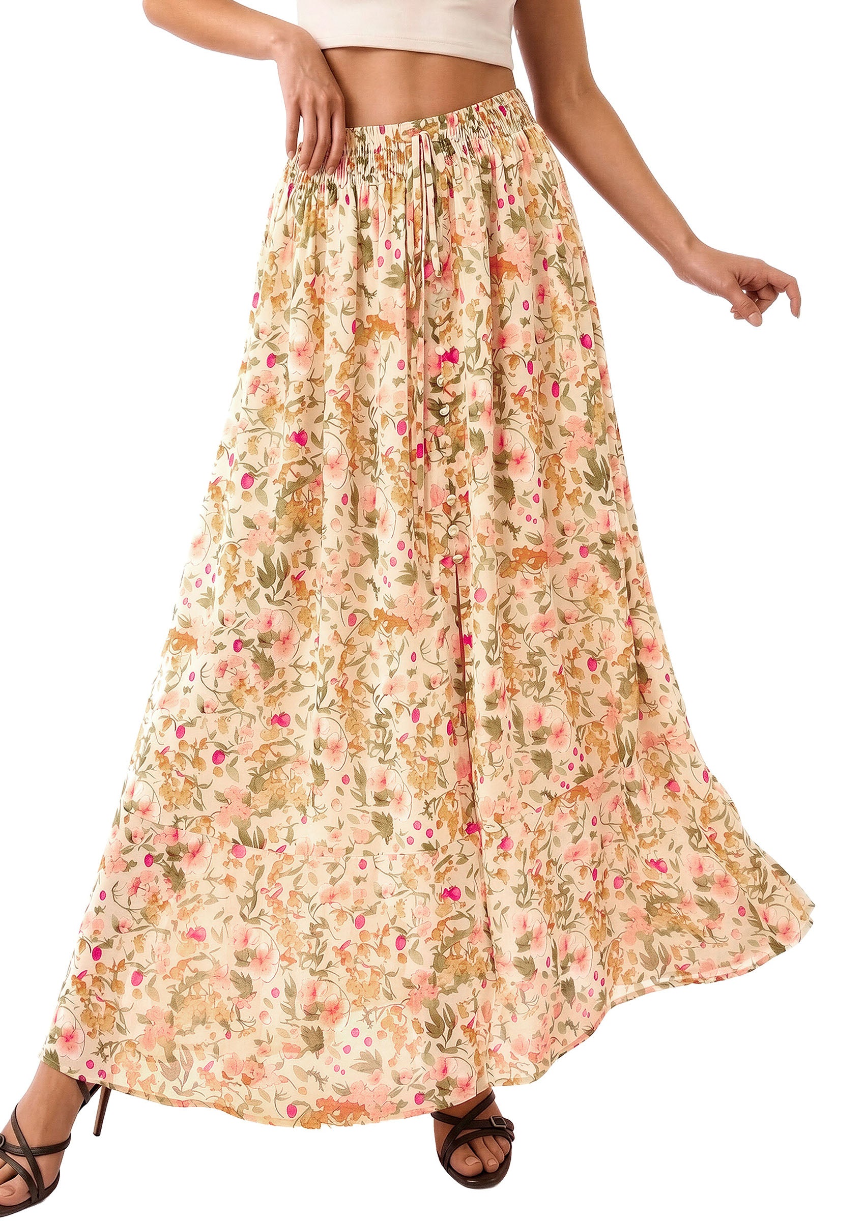 PRETTYGARDEN 2026 Summer Maxi Long Skirts for Women Trendy Boho Floral High Waisted Slit Flowy Travel Beach Vacation Clothes