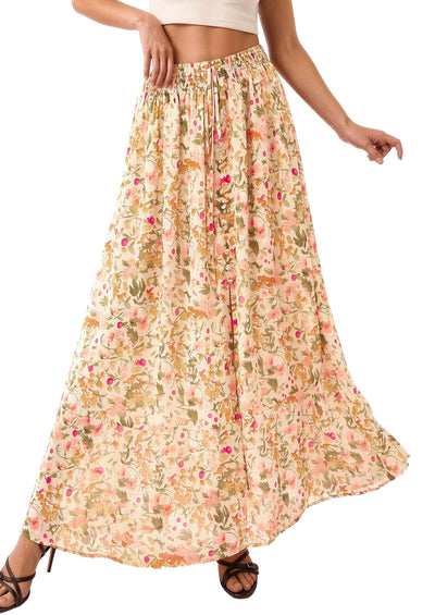 PRETTYGARDEN 2026 Summer Maxi Long Skirts for Women Trendy Boho Floral High Waisted Slit Flowy Travel Beach Vacation Clothes