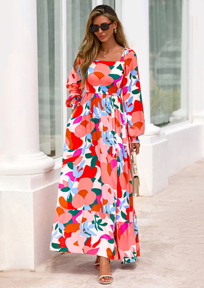 PRETTYGARDEN Women Floral Maxi Dresses Spring Long Sleeve Square Neck Boho A Line Wedding Guest Casual Flowy Long Dress