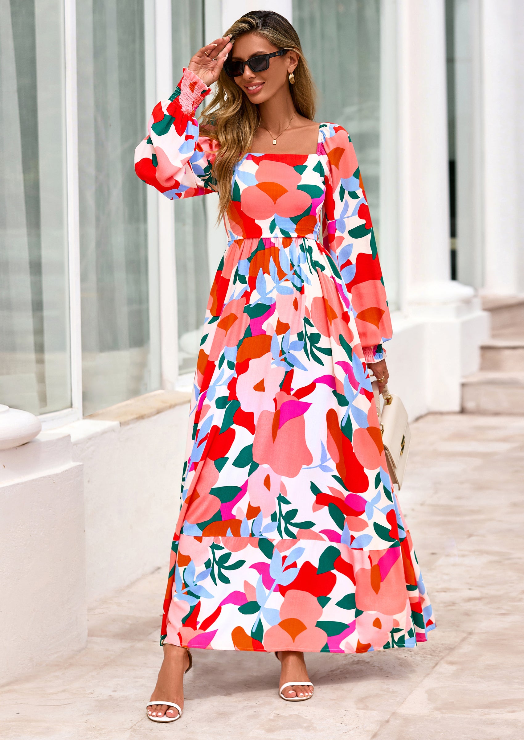 PRETTYGARDEN Women Floral Maxi Dresses Spring Long Sleeve Square Neck Boho A Line Wedding Guest Casual Flowy Long Dress
