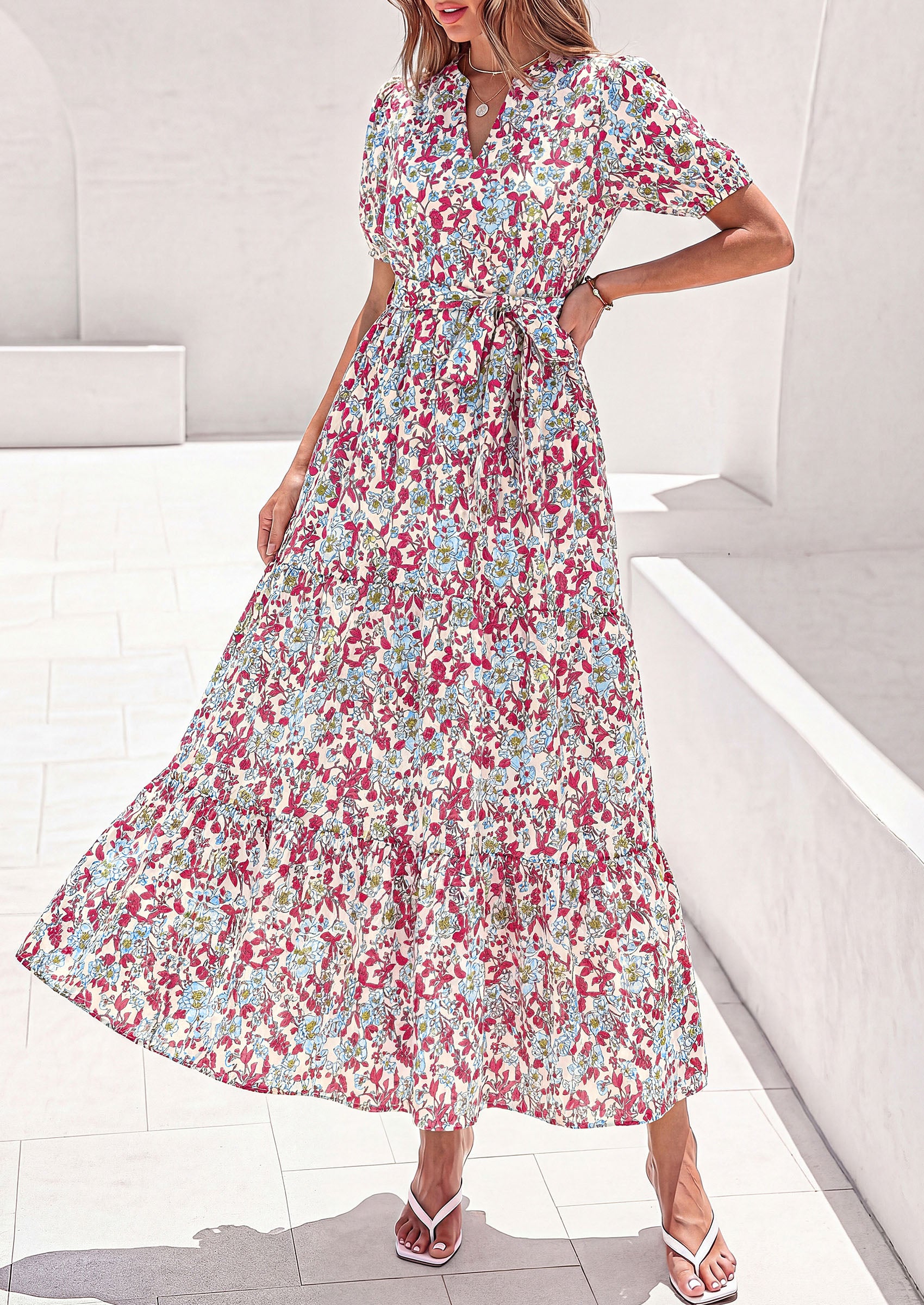 PRETTYGARDEN Women's Summer Maxi Dresses Boho Floral Short Sleeve V Neck Casual Wedding Guest 2026 Beach Vacation Outfits