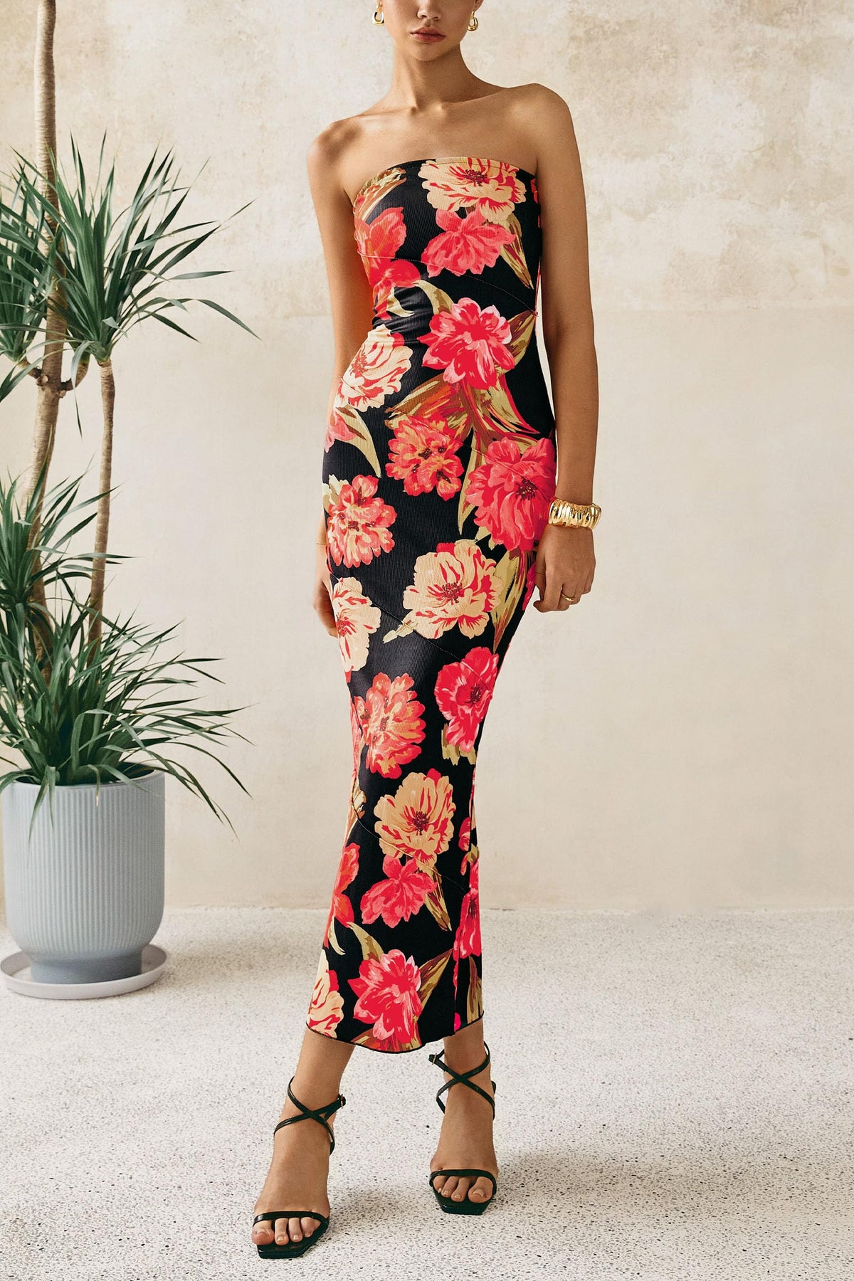 Women's 2025 Summer Floral Bodycon Maxi Dresses Ribbed Strapless Tube Casual Boho Party Long Dress