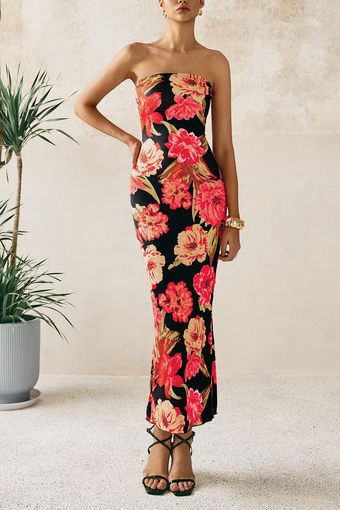 Women's 2025 Summer Floral Bodycon Maxi Dresses Ribbed Strapless Tube Casual Boho Party Long Dress