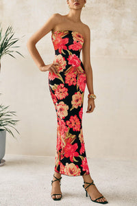 Women's 2025 Summer Floral Bodycon Maxi Dresses Ribbed Strapless Tube Casual Boho Party Long Dress