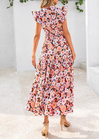 Summer Floral Cap Sleeve V Neck Ruffle Long Flowy Boho Casual Beach Vacation Midi Dress