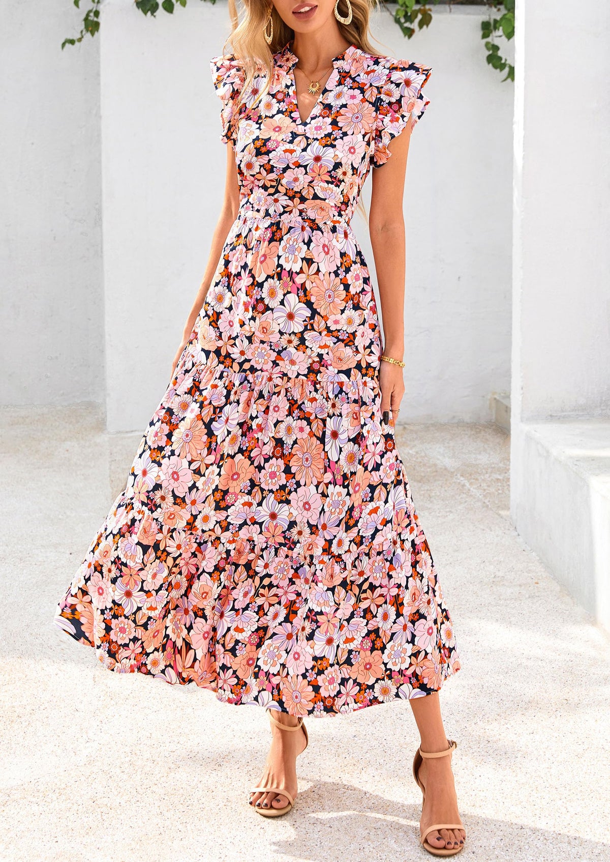 Summer Floral Cap Sleeve V Neck Ruffle Long Flowy Boho Casual Beach Vacation Midi Dress