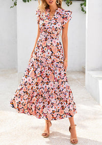 Summer Floral Cap Sleeve V Neck Ruffle Long Flowy Boho Casual Beach Vacation Midi Dress