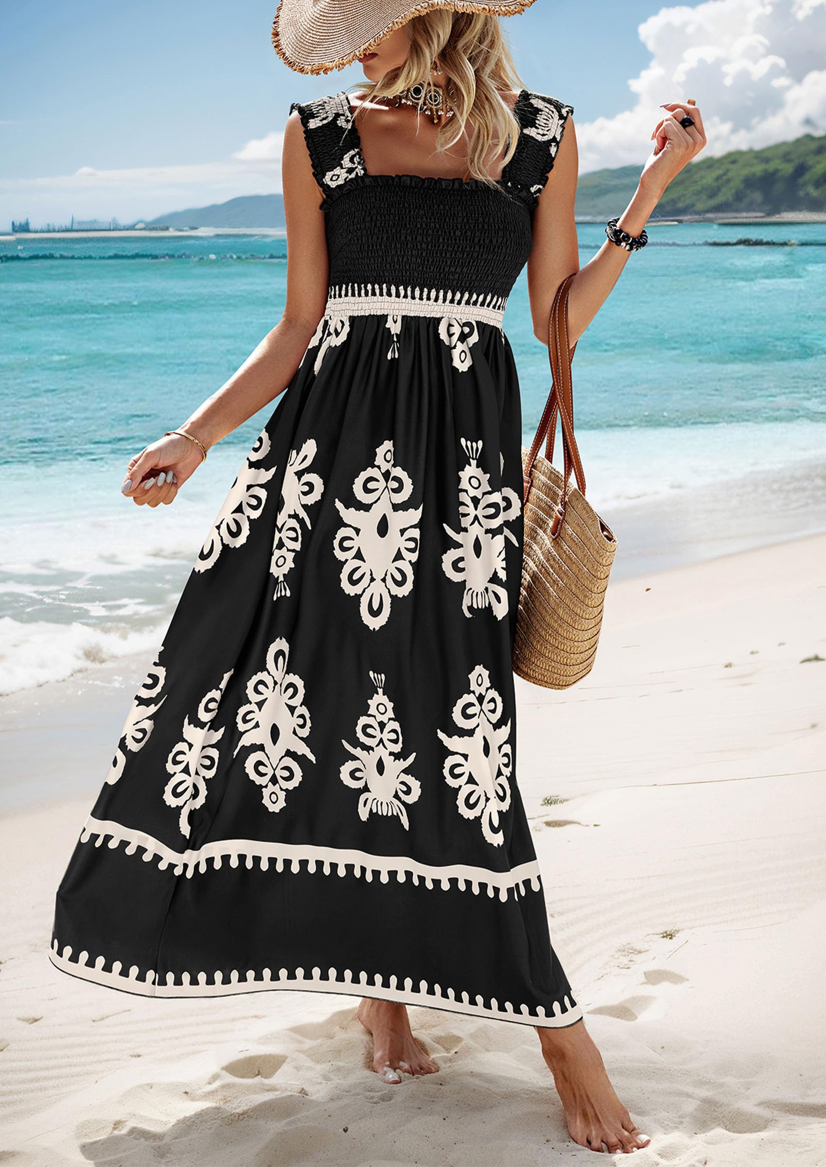 PRETTYGARDEN Womens Summer Boho Maxi Dress Casual Sleeveless Square Ne PRETTYGARDEN Womens Summer Boho Maxi Dress Casual Sleeveless Square Ne