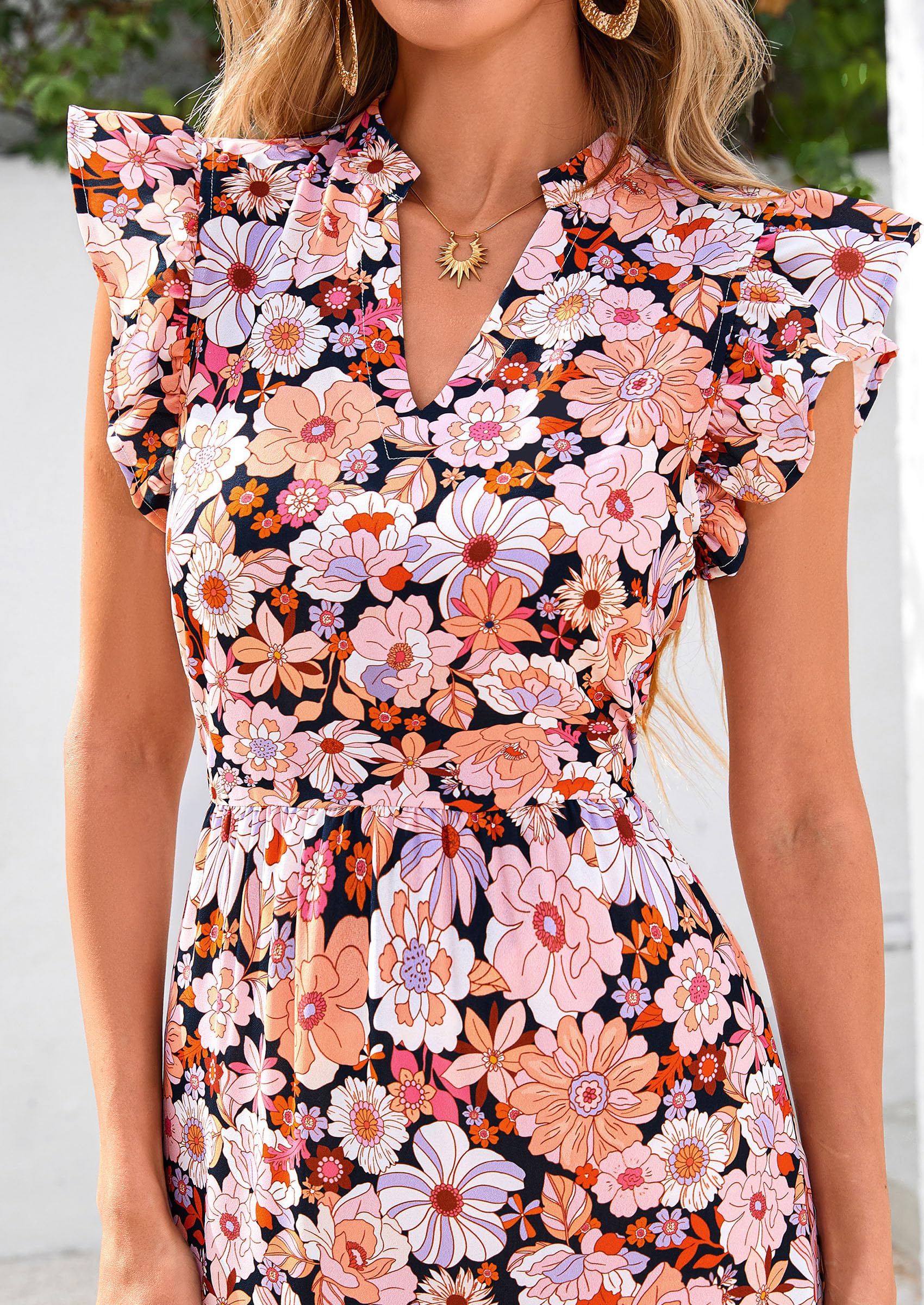 PRETTYGARDEN Women's Summer Floral Midi Dress Cap Sleeve V Neck Ruffle Long Flowy Boho Casual Beach Vacation Dresses