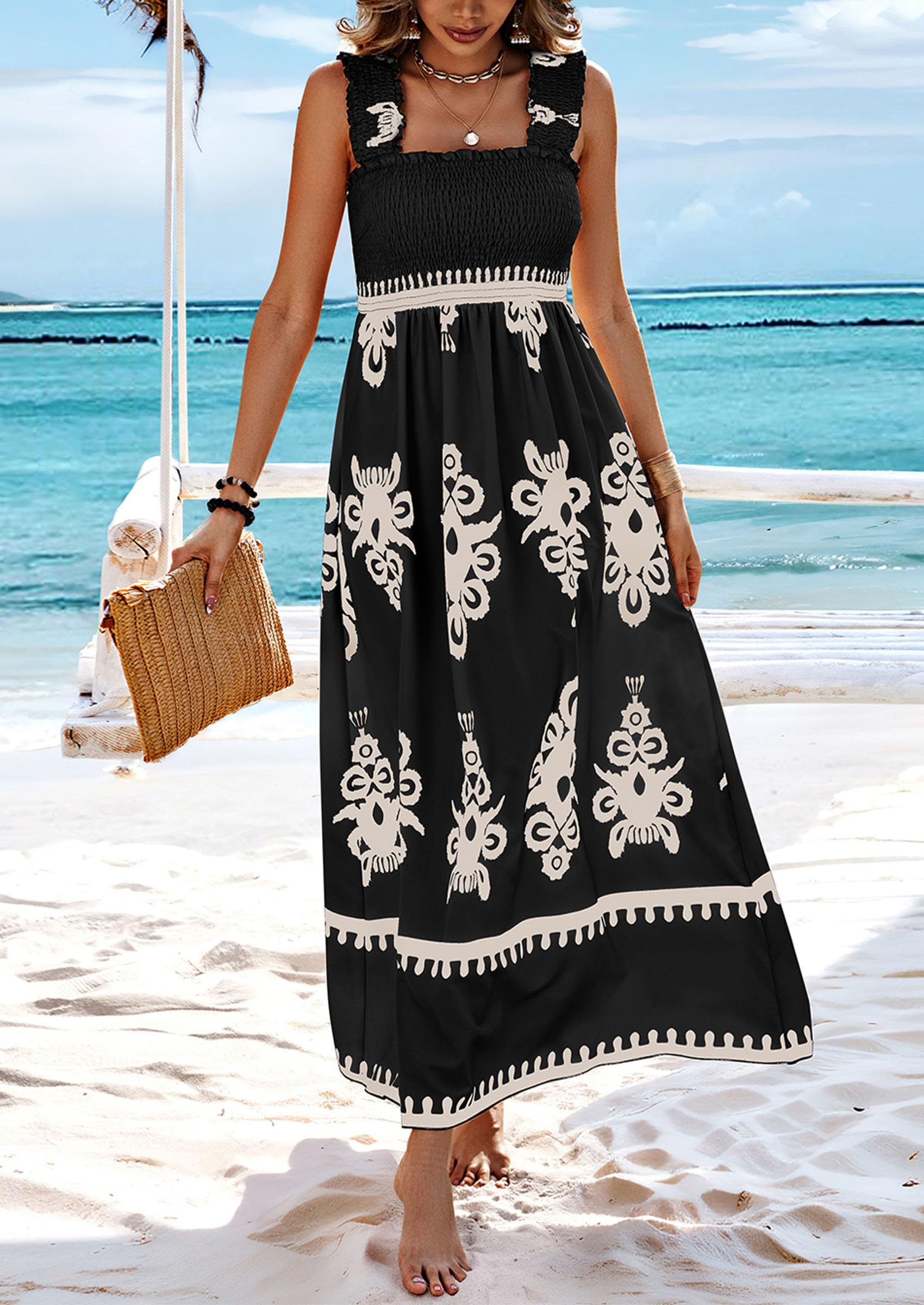 PRETTYGARDEN Womens Summer Boho Maxi Dress Casual Sleeveless Square Neck Floral Aline Smocked Beach Dresses with Pockets