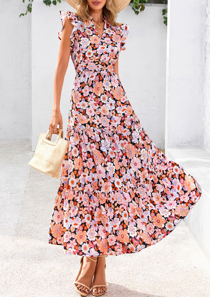 Summer Floral Cap Sleeve V Neck Ruffle Long Flowy Boho Casual Beach Vacation Midi Dress