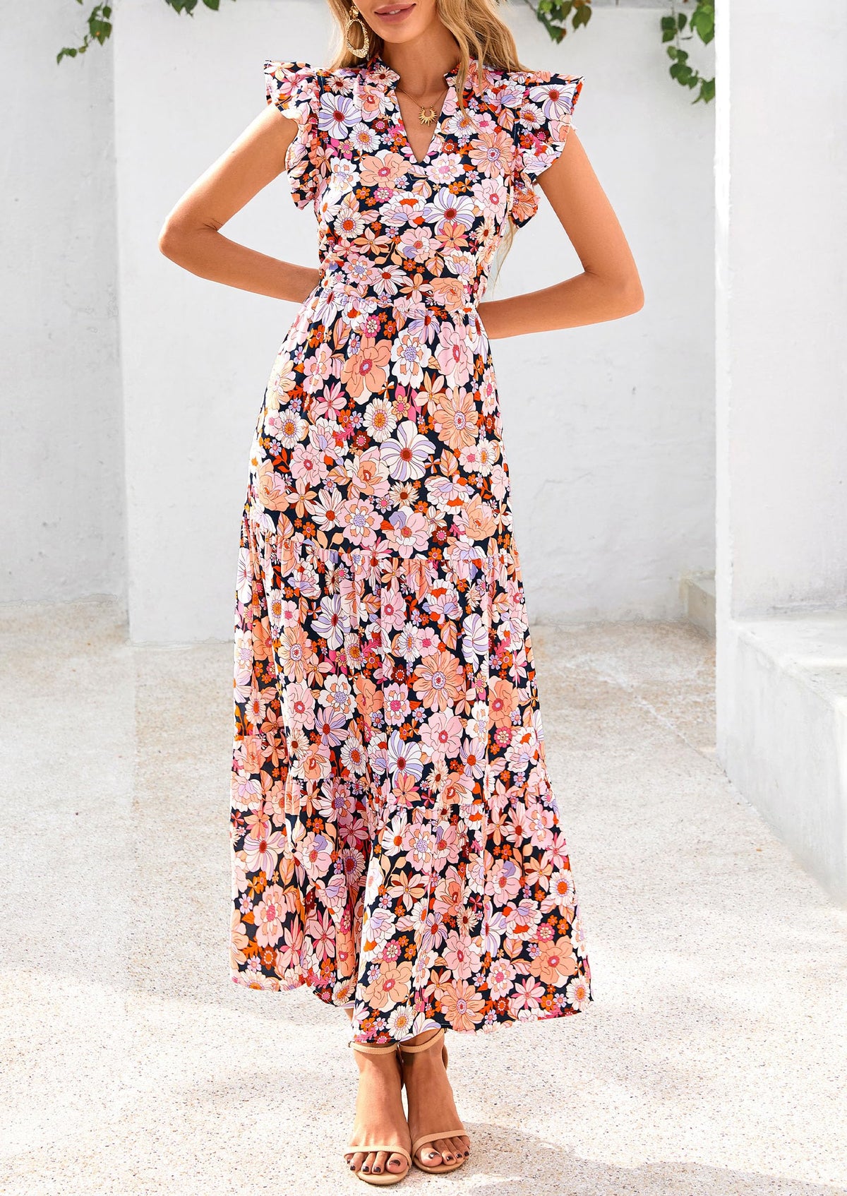 Summer Floral Cap Sleeve V Neck Ruffle Long Flowy Boho Casual Beach Vacation Midi Dress