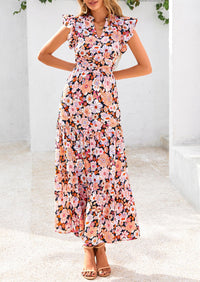 Summer Floral Cap Sleeve V Neck Ruffle Long Flowy Boho Casual Beach Vacation Midi Dress